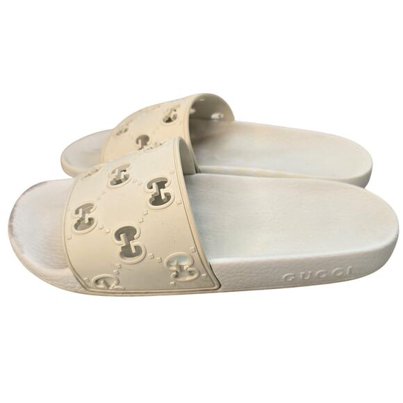 Gucci Slides Shoes Mens Size 6 White GG Logo Embossed Italian Rubber Sandals - Picture 6 of 14